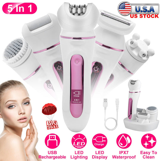 5 In 1 Electric Body Epilator Rechargeable Women\'s Grooming Kit Epilator Shaver Facial Brush Callus Remover 5-Point Massager with LED Light LED Displ