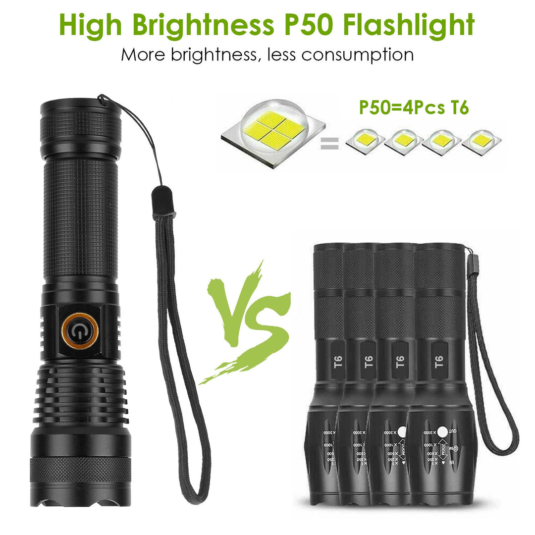 Tactical LED Flashlight Zoomable Rechargeable Search Light Torch 50000LM w/ 5Modes SOS Night Light For Night Walking Adventures