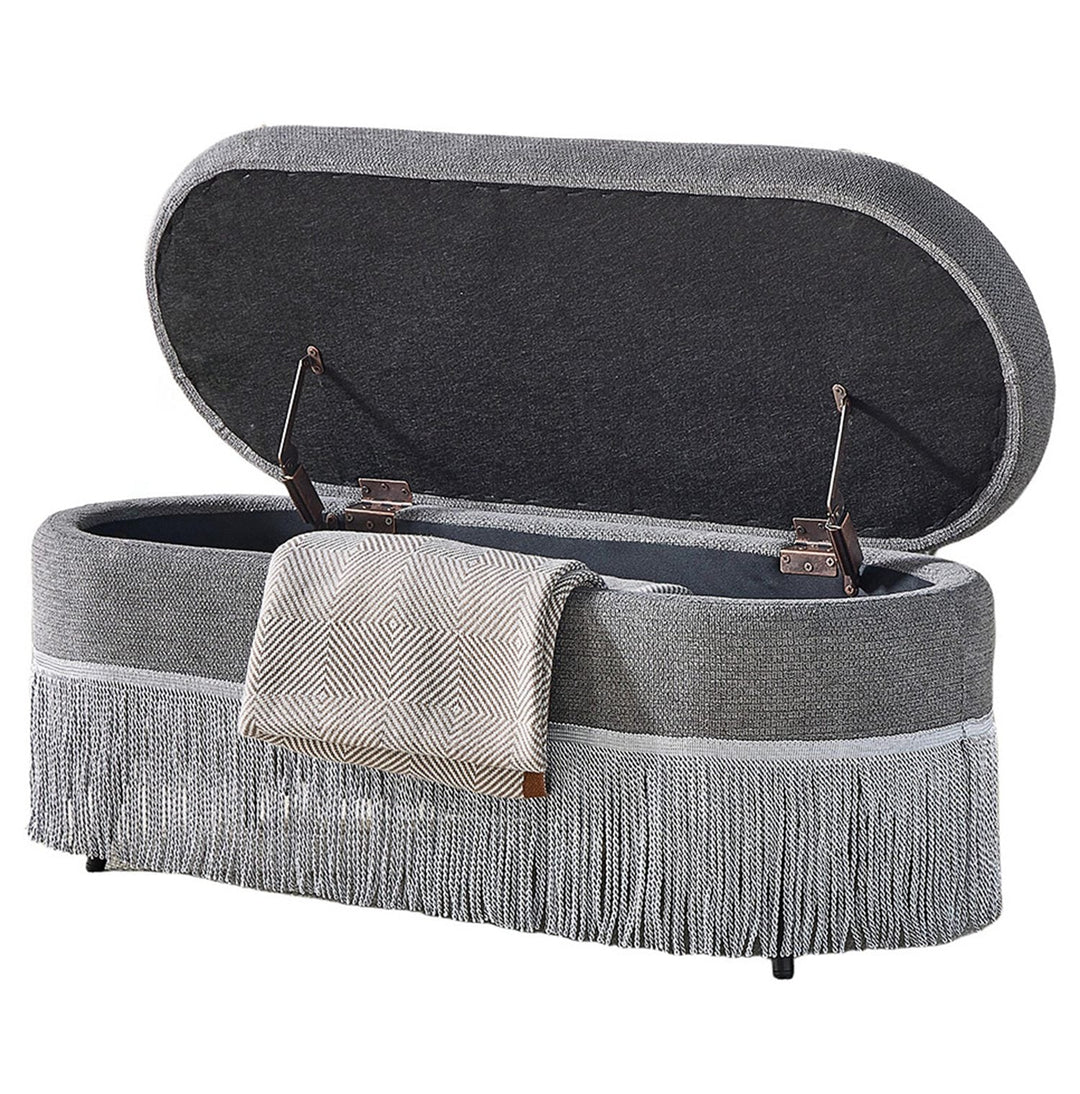 Oval Upholstered Storage Ottoman with Fringe Trim, 39.4"