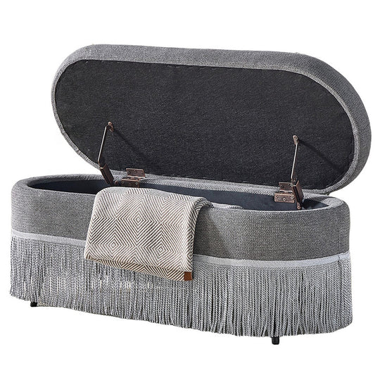 Oval Upholstered Storage Ottoman with Fringe Trim, 39.4"
