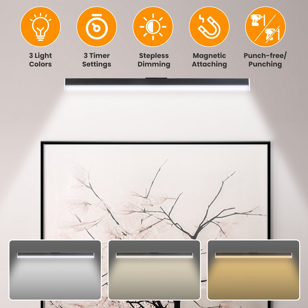 Wireless Picture Light Magnetic Art Display Light Dimmable Rechargeable Library Gallery Light with 3 Light Colors 3 Timer Settings Remote Control Punc