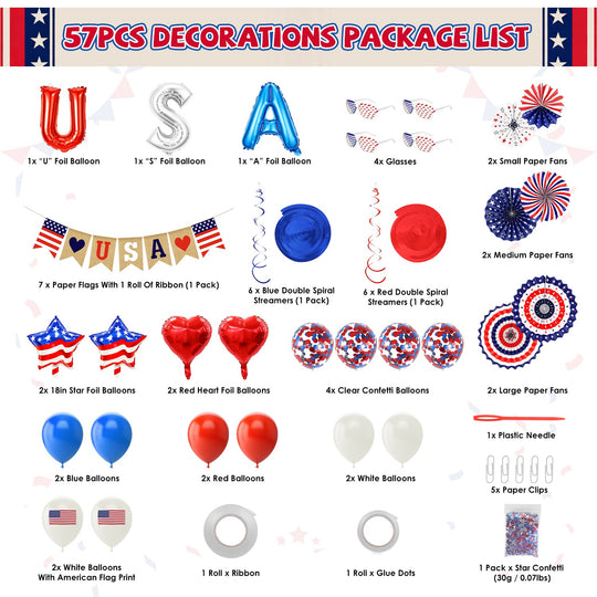4th of July Decorations Set - 57 Piece Patriotic Party Kit