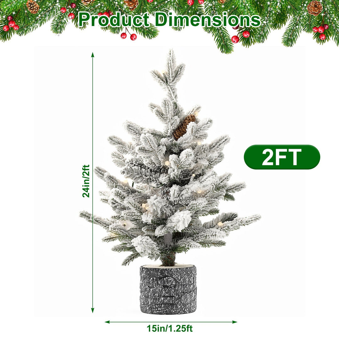 2FT Pre-Lit Flocked Christmas Tree with Pot & Pine Cones