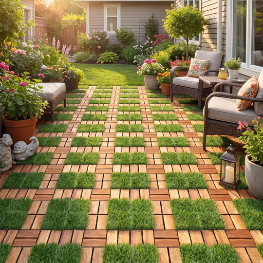 Acacia Wood Interlocking Deck Tiles with Artificial Grass