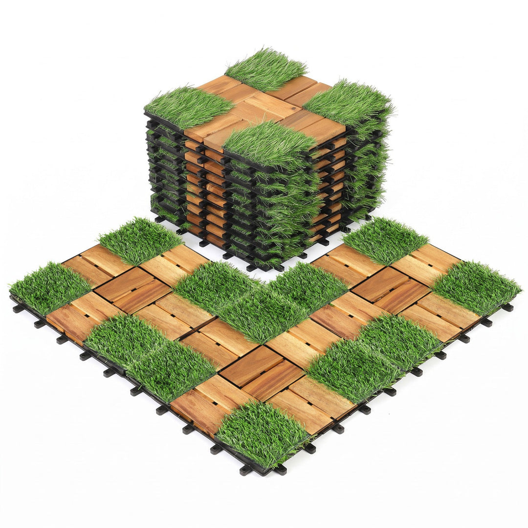 Acacia Wood Interlocking Deck Tiles with Artificial Grass