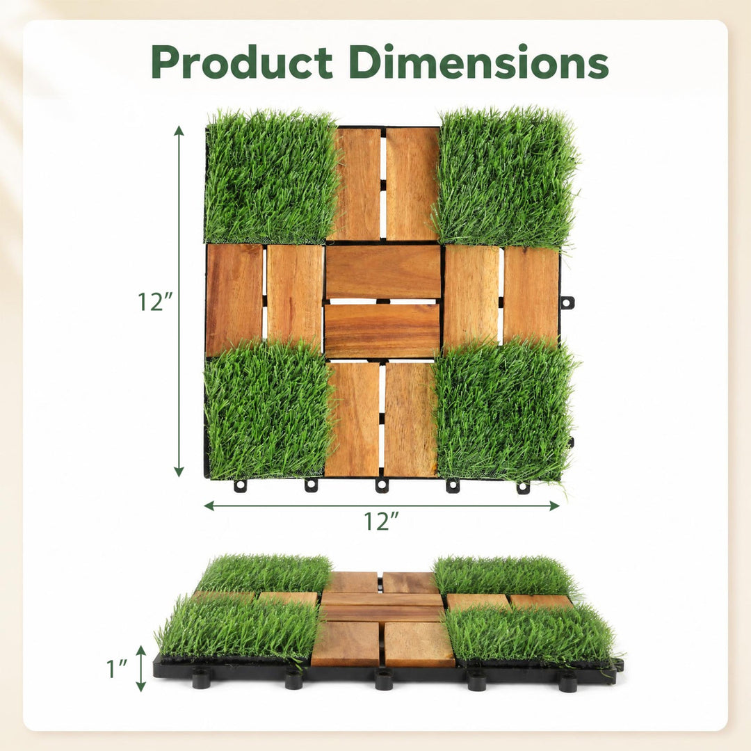 Acacia Wood Interlocking Deck Tiles with Artificial Grass