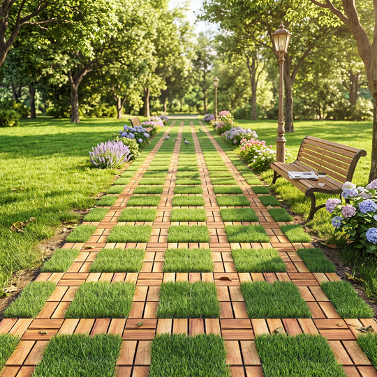 Acacia Wood Interlocking Deck Tiles with Artificial Grass