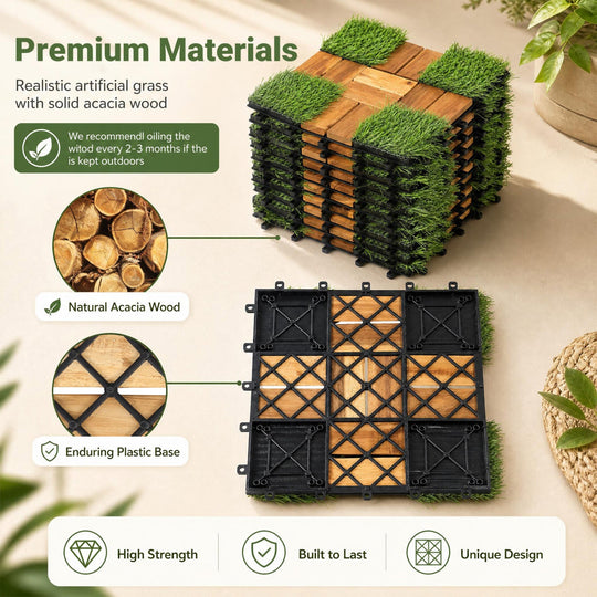 Acacia Wood Interlocking Deck Tiles with Artificial Grass