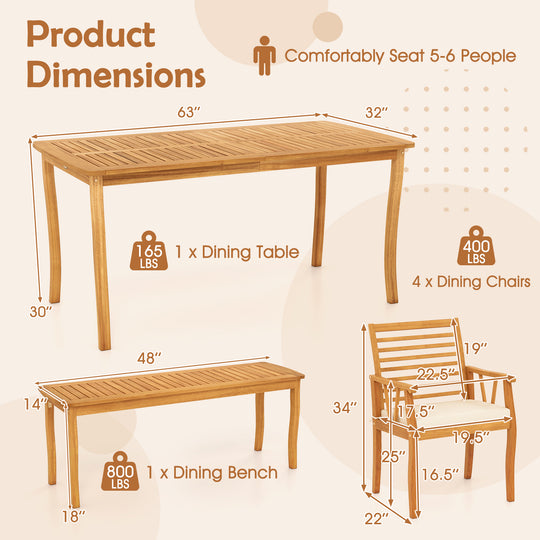 Acacia Wood Outdoor Table and Bench Chairs Set with 1.97 Inch Umbrella Hole