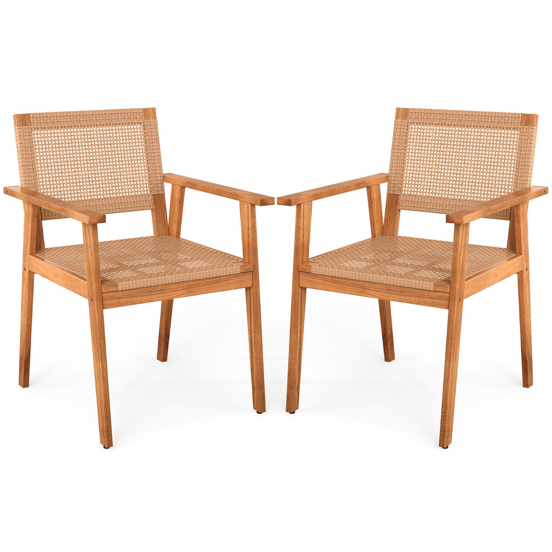 Acacia Wood Outdoor Dining Chairs Set of 2 PE Rattan Patio Chairs with Backrests and Armrests