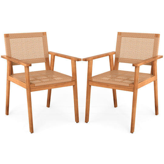 Acacia Wood Outdoor Dining Chairs Set of 2 PE Rattan Patio Chairs with Backrests and Armrests