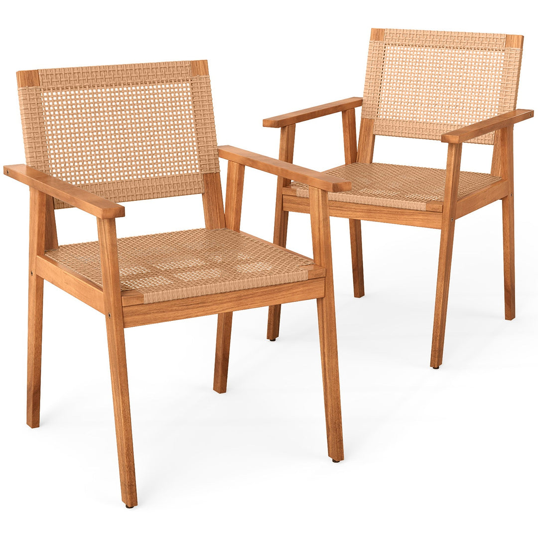 Acacia Wood Outdoor Dining Chairs Set of 2 PE Rattan Patio Chairs with Backrests and Armrests