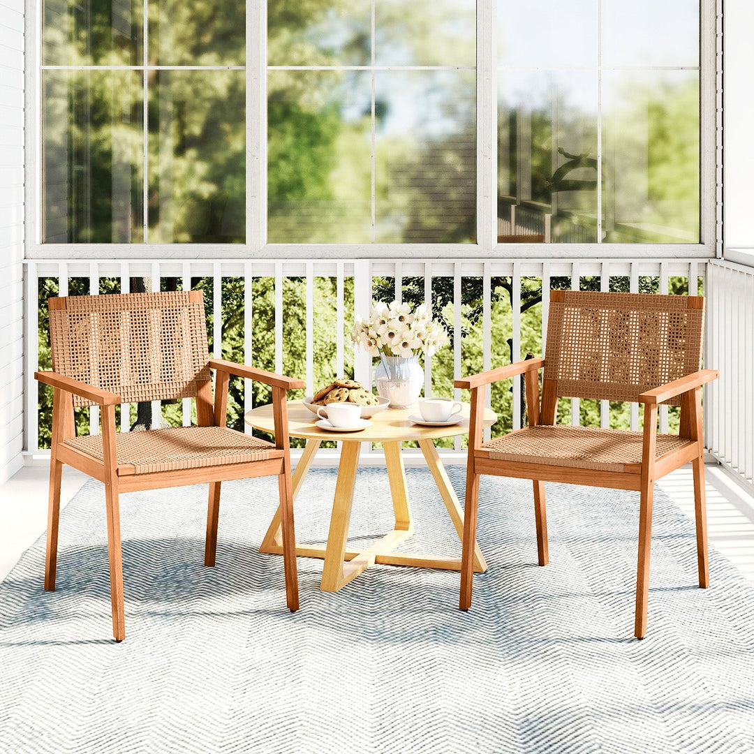 Acacia Wood Outdoor Dining Chairs Set of 2 PE Rattan Patio Chairs with Backrests and Armrests