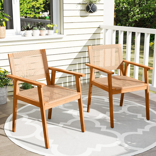 Acacia Wood Outdoor Dining Chairs Set of 2 PE Rattan Patio Chairs with Backrests and Armrests