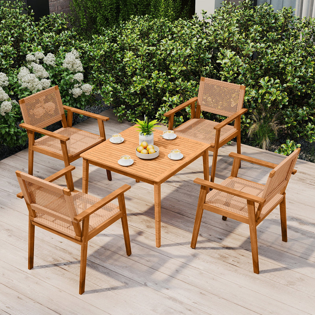 Acacia Wood Outdoor Dining Chairs Set of 2 PE Rattan Patio Chairs with Backrests and Armrests