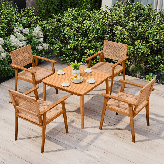 Acacia Wood Outdoor Dining Chairs Set of 2 PE Rattan Patio Chairs with Backrests and Armrests