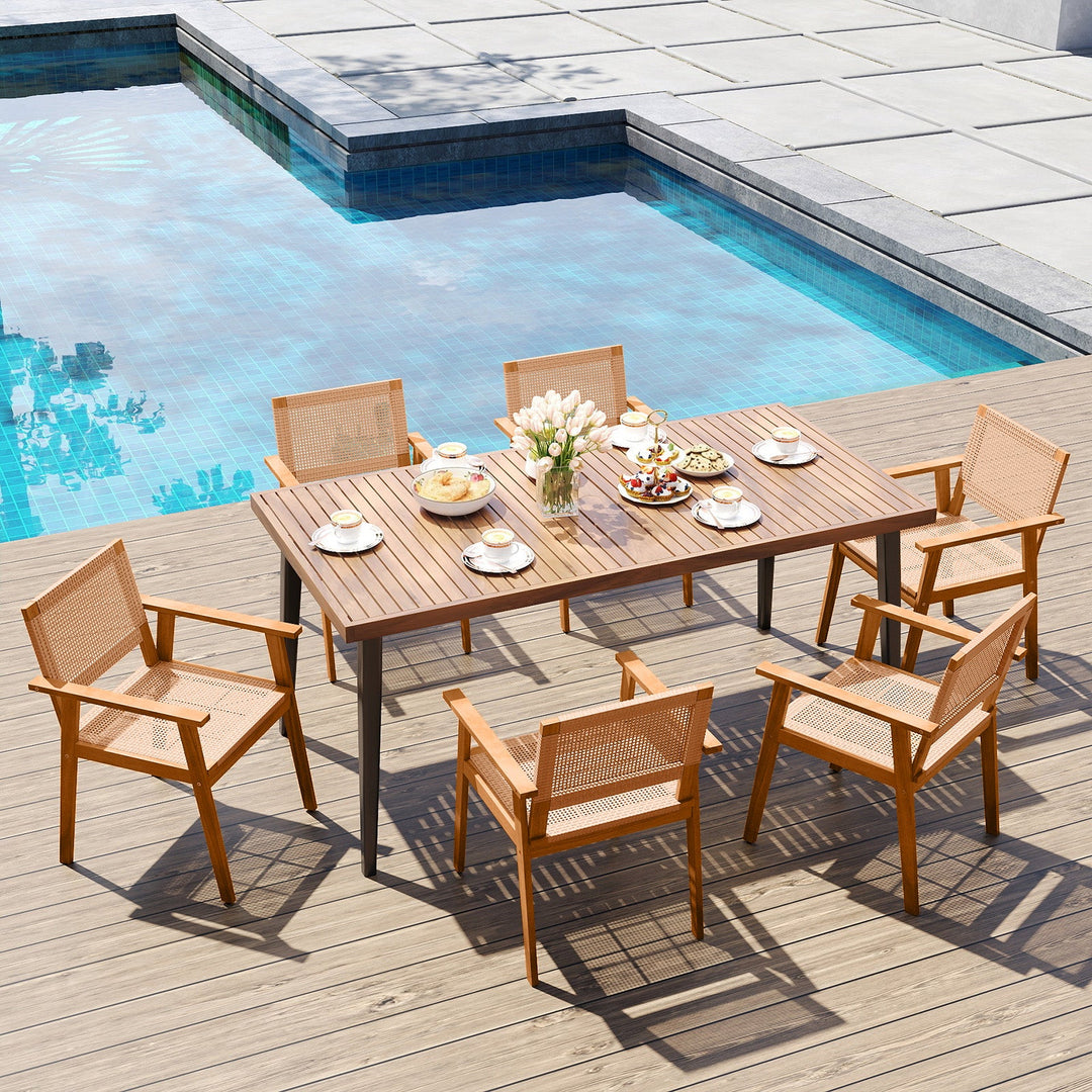 Acacia Wood Outdoor Dining Chairs Set of 2 PE Rattan Patio Chairs with Backrests and Armrests