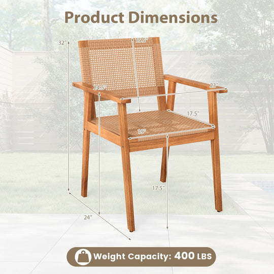 Acacia Wood Outdoor Dining Chairs Set of 2 PE Rattan Patio Chairs with Backrests and Armrests