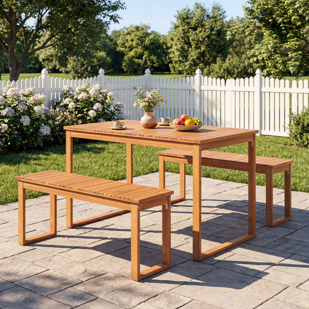 Acacia Wood Outdoor Garden Bench Set of 1/2 with Slatted Seat for Front Porch