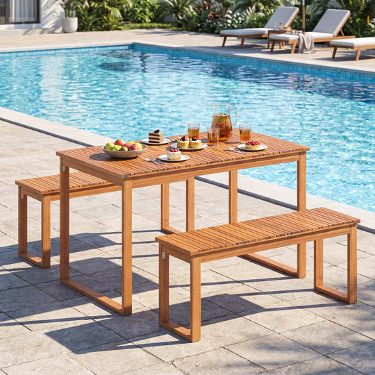 Acacia Wood Outdoor Garden Bench Set of 1/2 with Slatted Seat for Front Porch