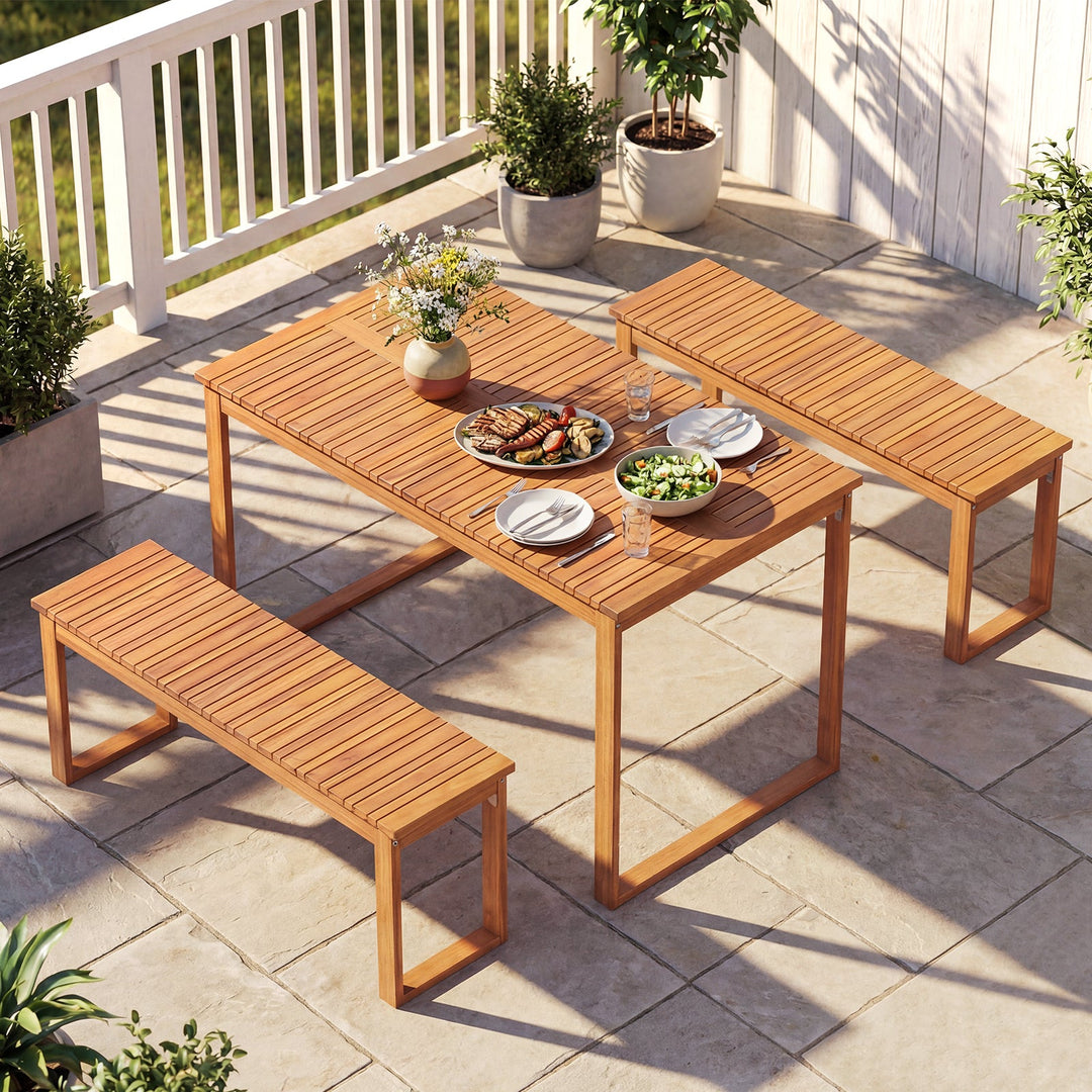 Acacia Wood Outdoor Garden Bench Set of 1/2 with Slatted Seat for Front Porch