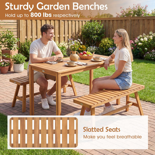 Acacia Wood Outdoor Garden Bench Set of 1/2 with Slatted Seat and 800 lbs Capacity