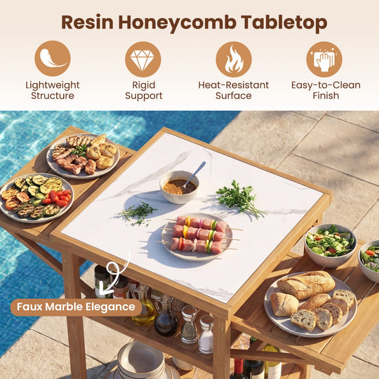 Acacia Wood Outdoor Grill Table with Faux Marble Top and Drop