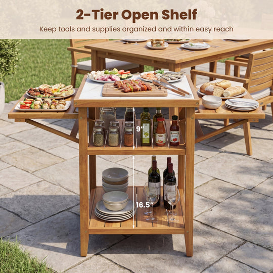 Acacia Wood Outdoor Grill Table with Faux Marble Top and Drop