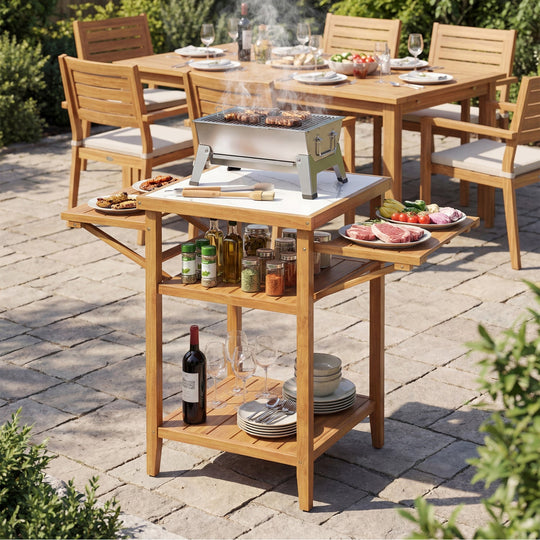 Acacia Wood Outdoor Grill Table with Faux Marble Top and Drop