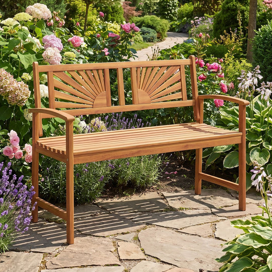 2-Person Acacia Wood Outdoor Garden Bench with Sunburst Back and Curved Armrests