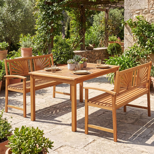 2-Person Acacia Wood Outdoor Garden Bench with Sunburst Back and Curved Armrests