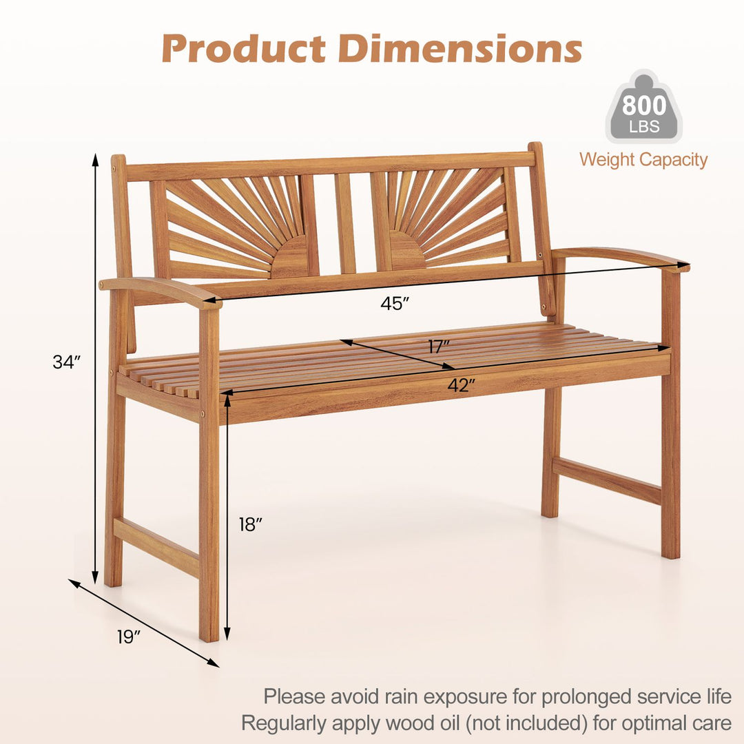 2-Person Acacia Wood Outdoor Garden Bench with Sunburst Back and Curved Armrests