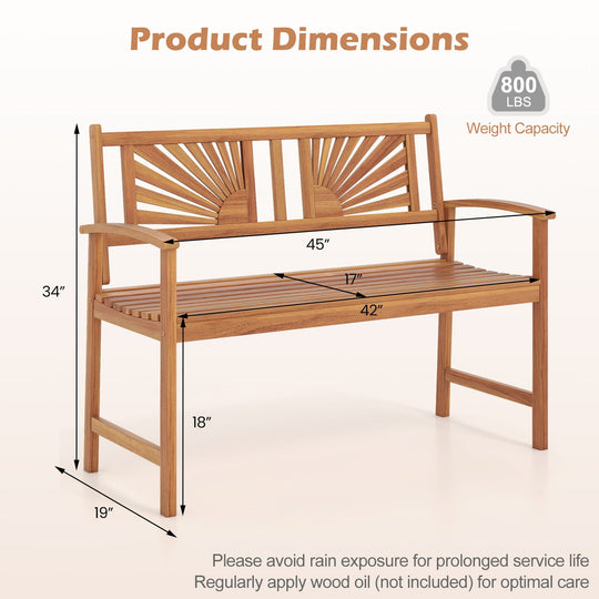 2-Person Acacia Wood Outdoor Garden Bench with Sunburst Back and Curved Armrests
