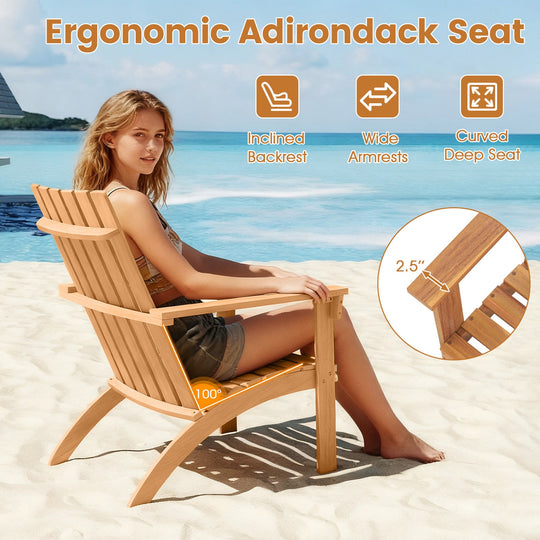 Acacia Wood Patio Adirondack Chair with Inclined Seat and High Backrest for Porch-Natural