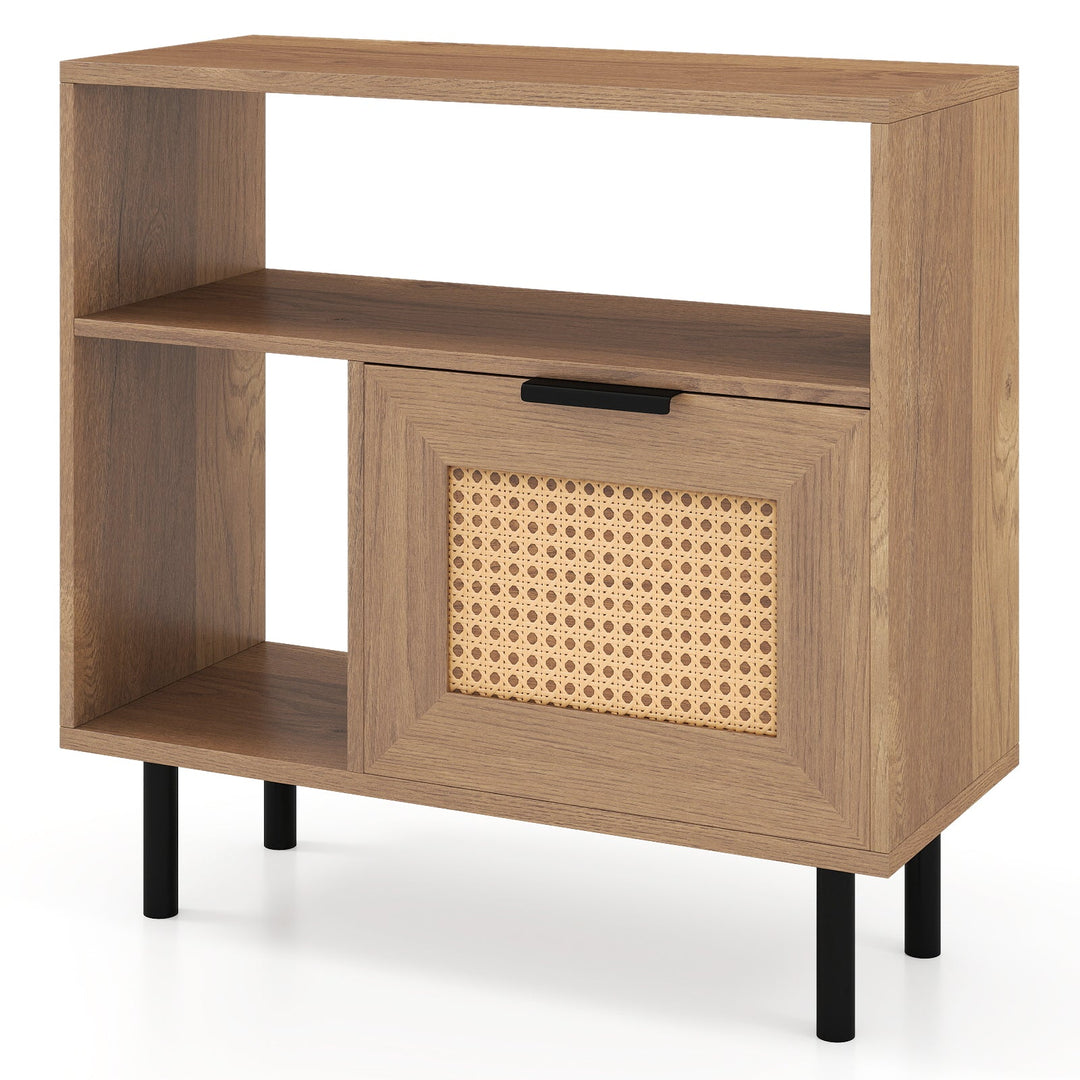 Accent Side End Table with Storage Shelf and Cabinet for Small Space-Natural