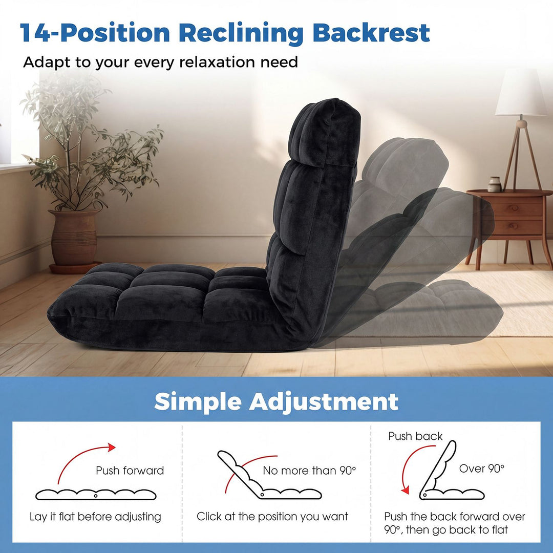 Adjustable 14-Position Floor Chair with Soft Flannel Cover and Heavy Duty Metal Support for Adults