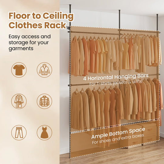 Floor to Ceiling Clothes Rack with 4 Adjustable Hanging Rods