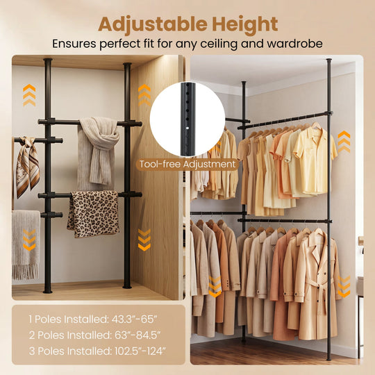 Floor to Ceiling Clothes Rack with 4 Adjustable Hanging Rods