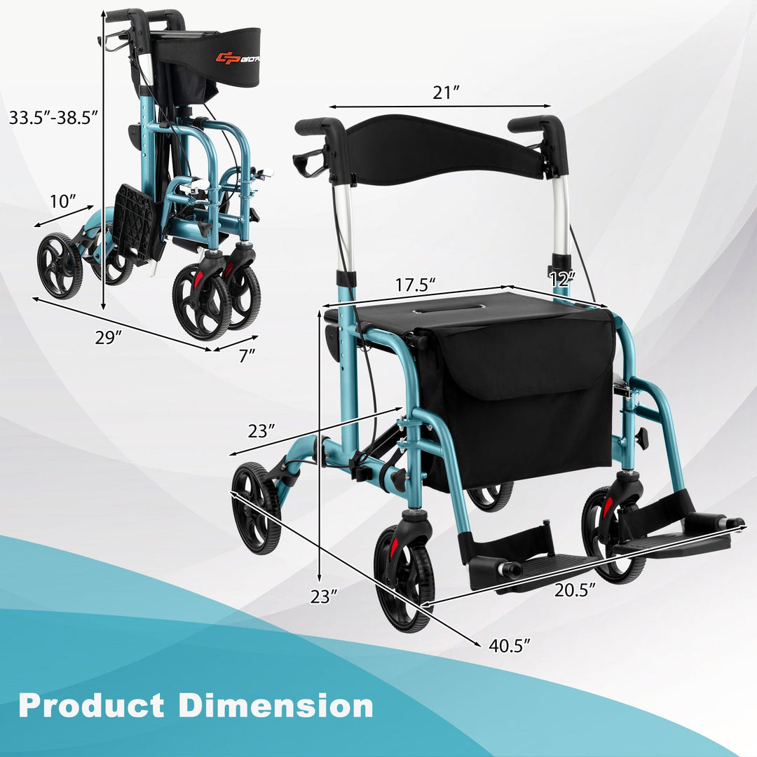 2-in-1 Adjustable Folding Handle Rollator Walker with Storage Space