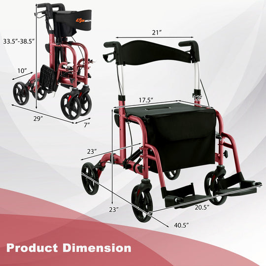 2-in-1 Adjustable Folding Handle Rollator Walker with Storage Space