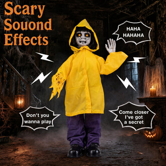 Animatronic Haunted Boy Prop with Light Up Eyes & Sound
