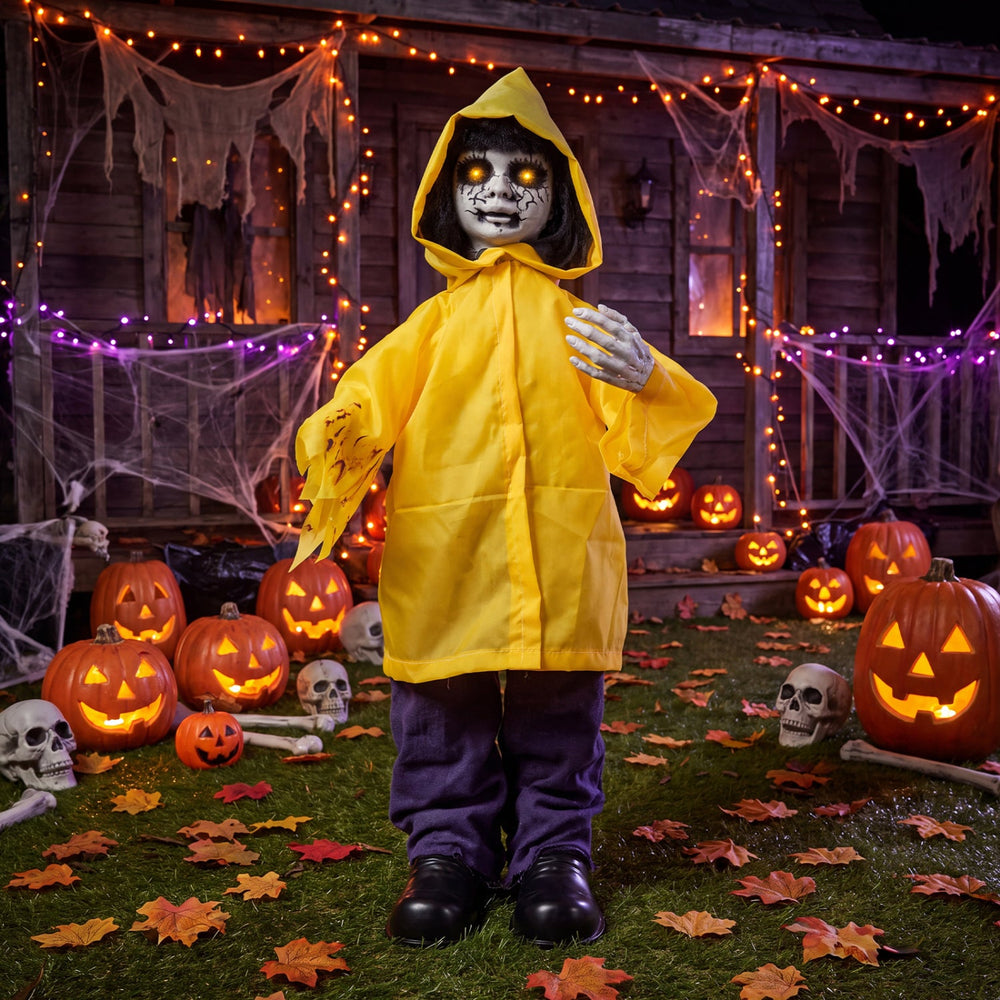 Animatronic Haunted Boy Prop with Light Up Eyes & Sound