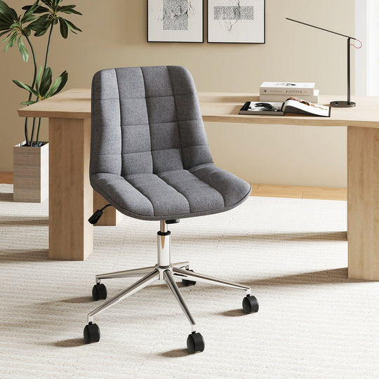 Armless Office Chair Upholstered Makeup Vanity Chair with Adjustable Height and Wheels-Grey