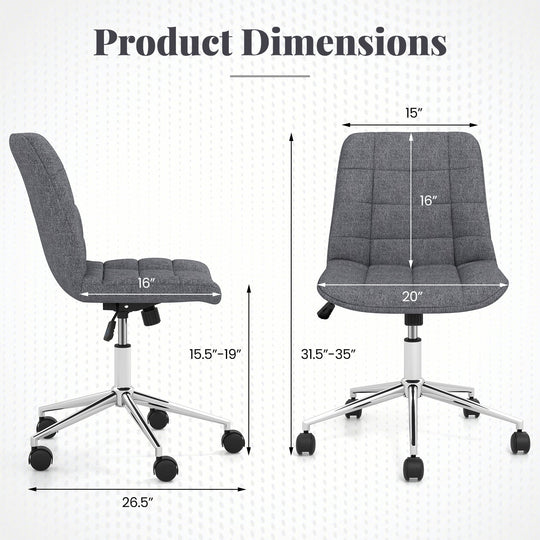 Armless Office Chair Upholstered Makeup Vanity Chair with Adjustable Height and Wheels-Grey