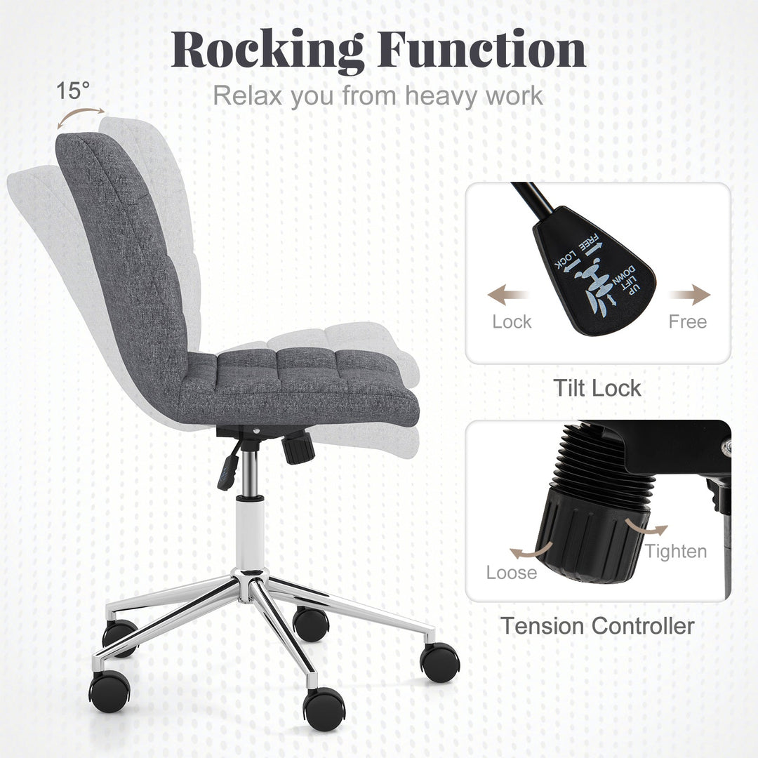 Armless Office Chair Upholstered Makeup Vanity Chair with Adjustable Height and Wheels-Grey