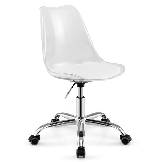 Armless Rolling Office Chair with Swivel Seat and PU Leather Cushion-Clear