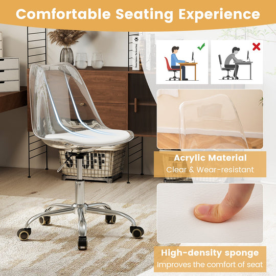 Armless Rolling Office Chair with Swivel Seat and PU Leather Cushion-Clear