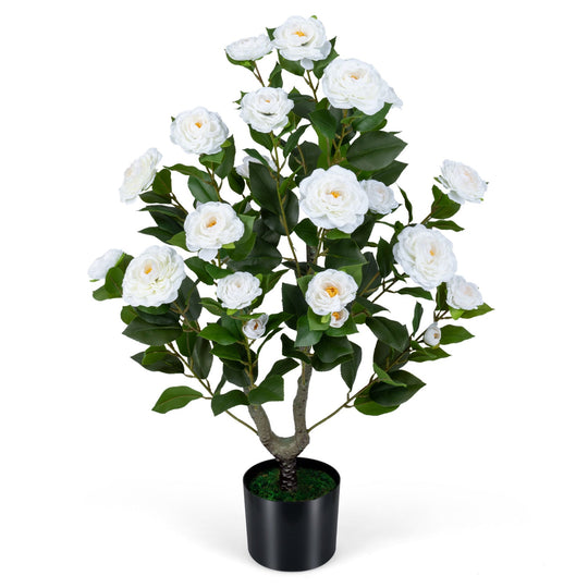 Artificial Camellia Tree in Cement Pot 35.5" Faux Flower Plant
