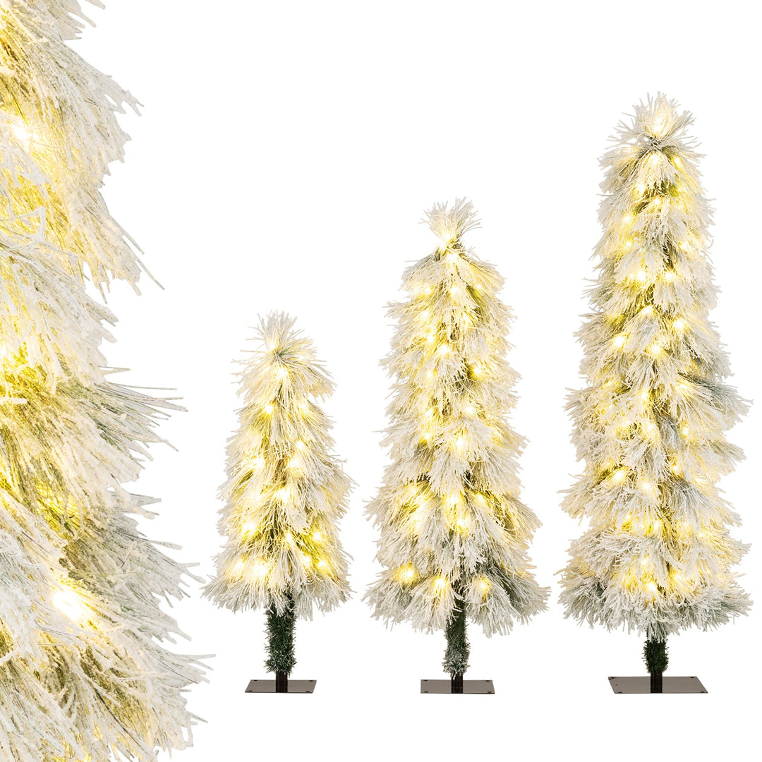 Artificial Christmas Tree Set of 3 with Snow-flocked Branch Tips and LED Lights
