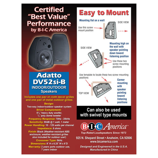 BIC America Adatto Indoor/Outdoor Weather-Resistant 2-Way Bookshelf Speakers, 125W, Pair - view 6